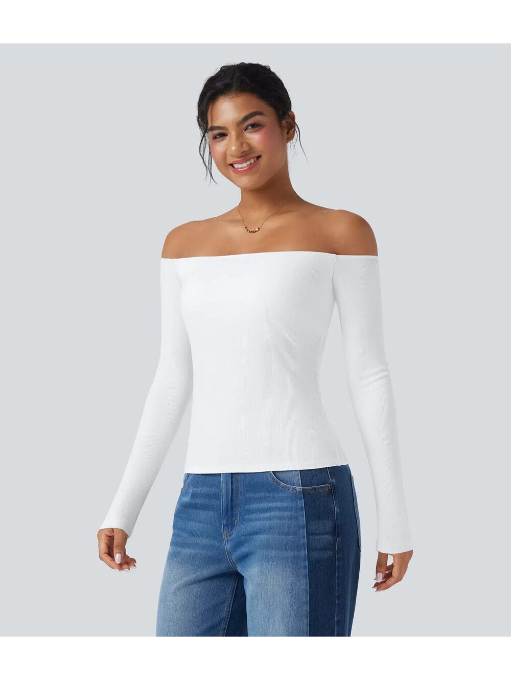 Halara Ribbed Knit Off Shoulder Long Sleeve 2-in-1 Casual Top White Size Medium